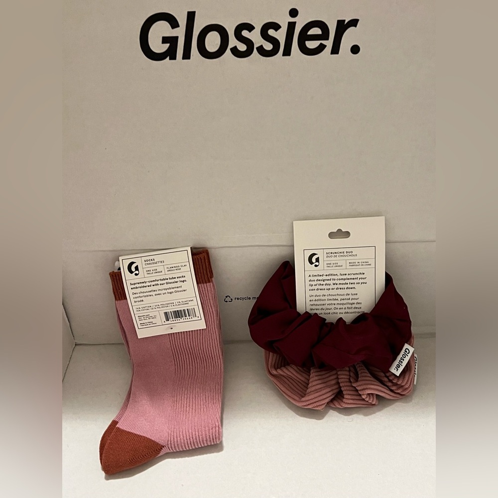 Glossier 2 pack hair scrunchies & two toned tube socks SOLD OUT-Limited Edition